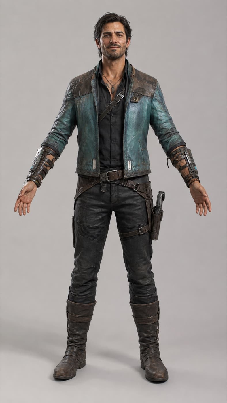Full-body character concept: a man in a teal leather jacket, dark pants and boots, standing in an A-pose on a plain background